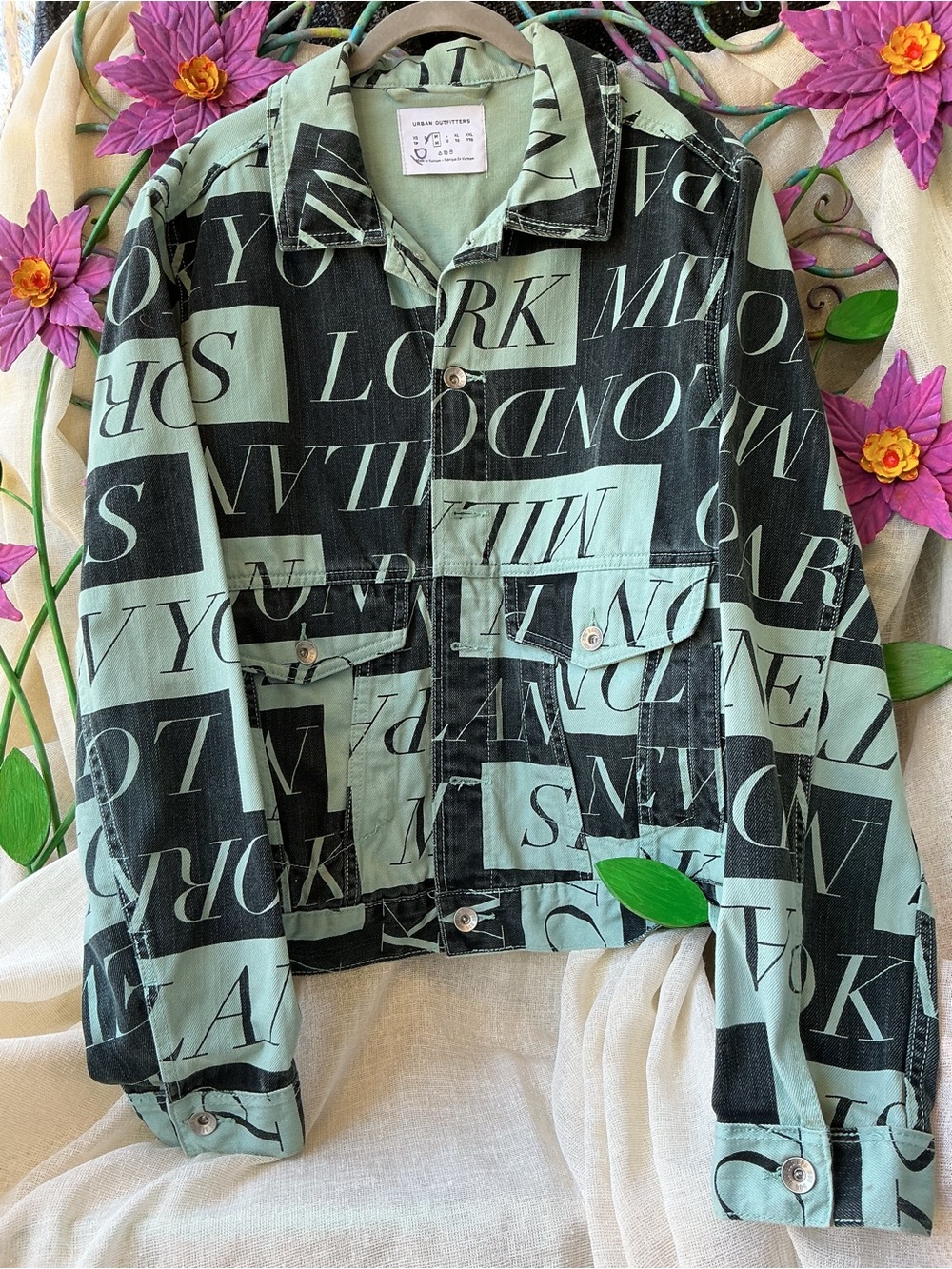 Unisex Urban Outfitters Mint and Black Letter Patchwork Jean Jacket